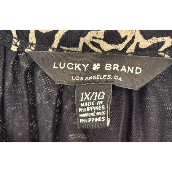 Lucky Brand Women’s 1X Black Beige Floral Boho Peasant Tunic Top Blouse - Picture 3 of 12